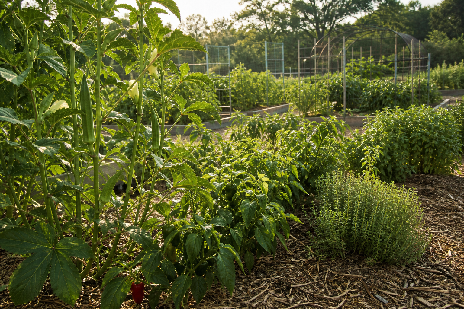 Okra, peppers, and herbs growing in a mulched Central Texas garden