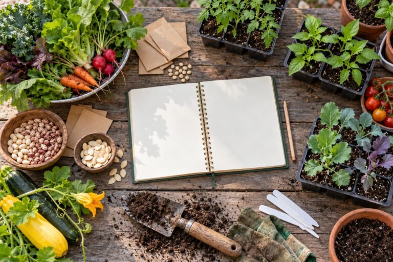 Illustration of a blank garden planner surrounded by cool-season crops, warm-season vegetables, seeds, seedlings, and planting tools