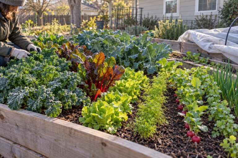 Illustration of a Central Texas raised bed growing kale, chard, broccoli, lettuce, carrots, radishes, cilantro, and onions in winter