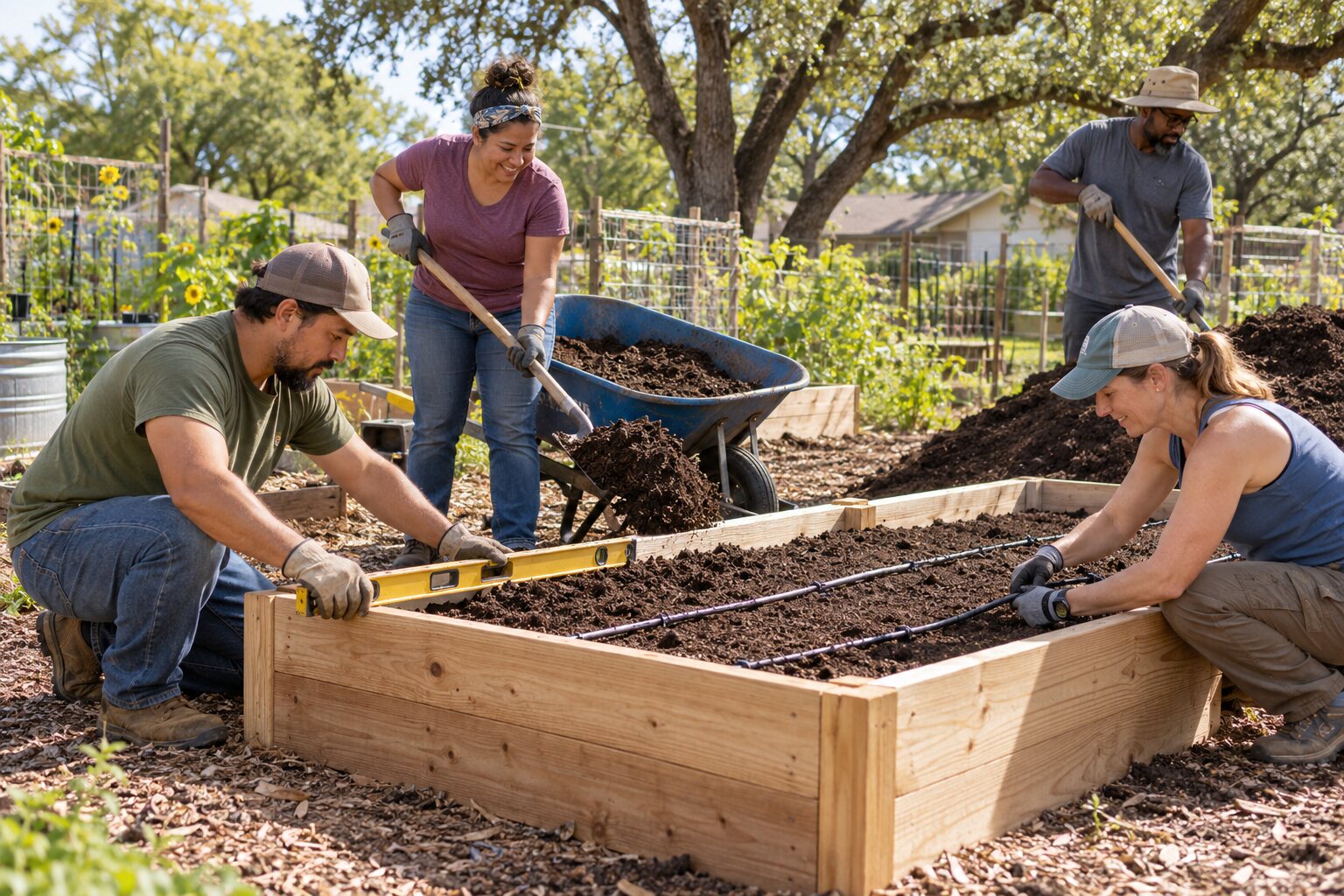 Illustration of four community volunteers building, leveling, filling, and irrigating a wooden raised garden bed